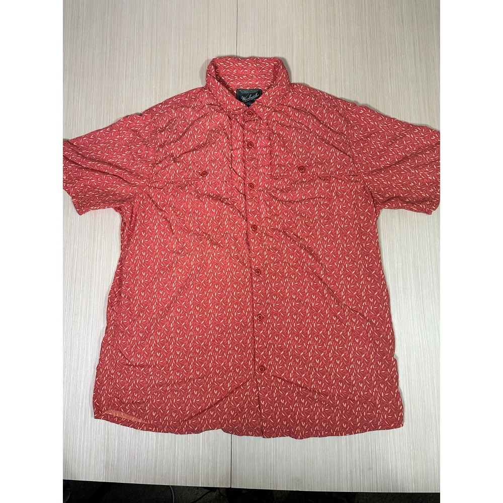 Woolrich Shirt Men XL Red Feather Pattern Pocket Collared Short Sleeve Button-Up